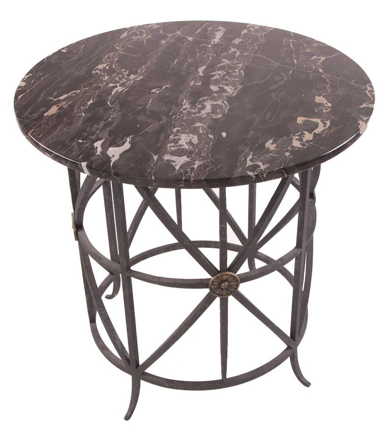 Beautiful black and white marble rounds on decoratively forged circular wrought iron tables with medallions. Excellent condition. Cocktail height.