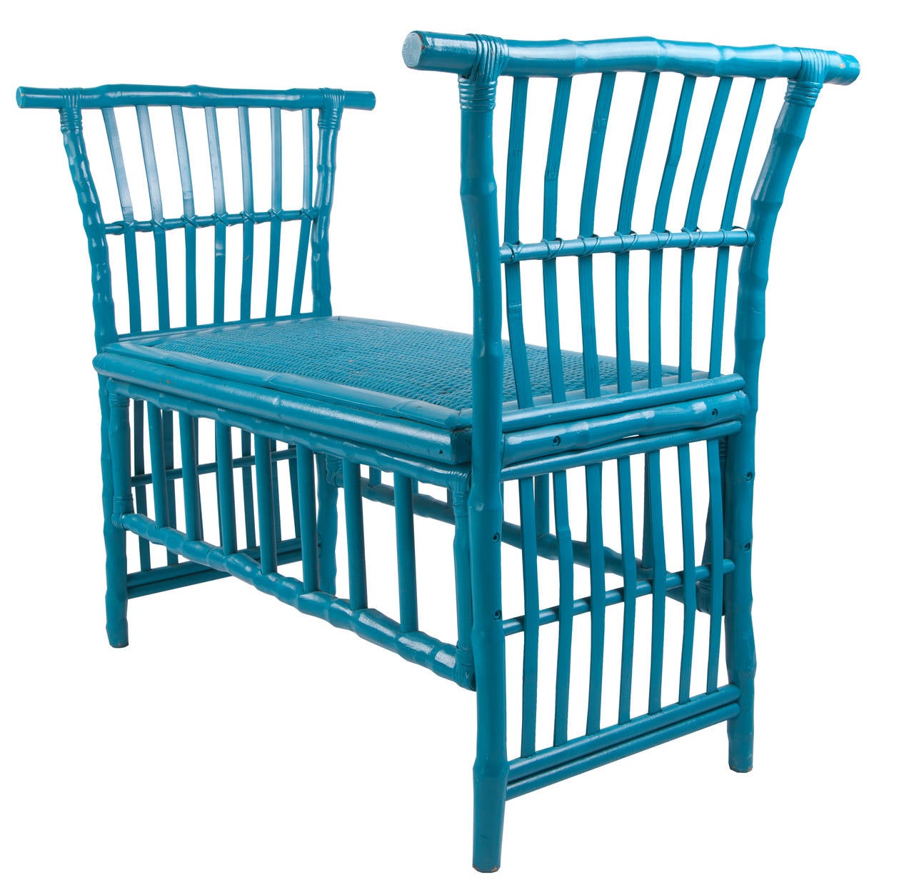 American Fabulous Turquoise Rattan Bench For Sale