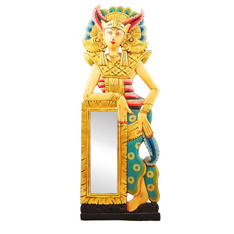 Carved Balinese Dancer Supporting Framed Mirror For Sale