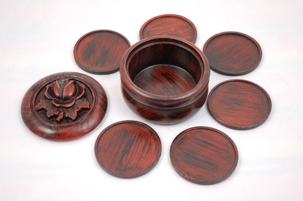 Chinese Wood Coaster Set in Rose Carved Box