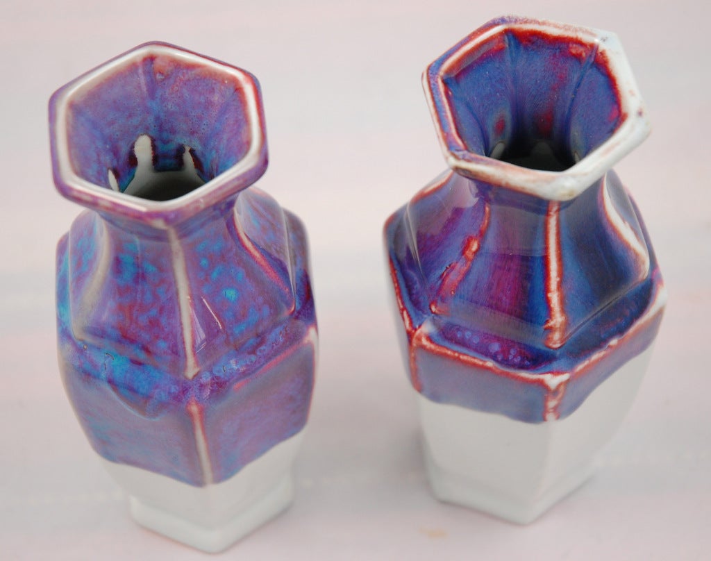 American Pair of Two-Toned Flambe Glazed Hexagonal Balauster Vases For Sale