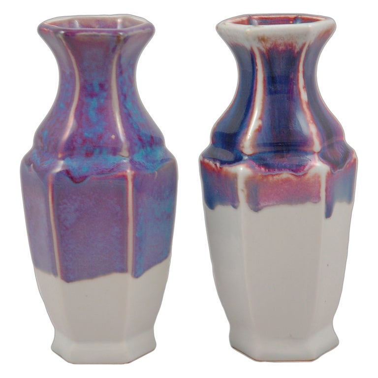Pair of Two-Toned Flambe Glazed Hexagonal Balauster Vases For Sale