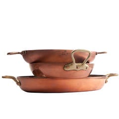 Set of Three Solid Copper Gratine Pans with Brass Handles