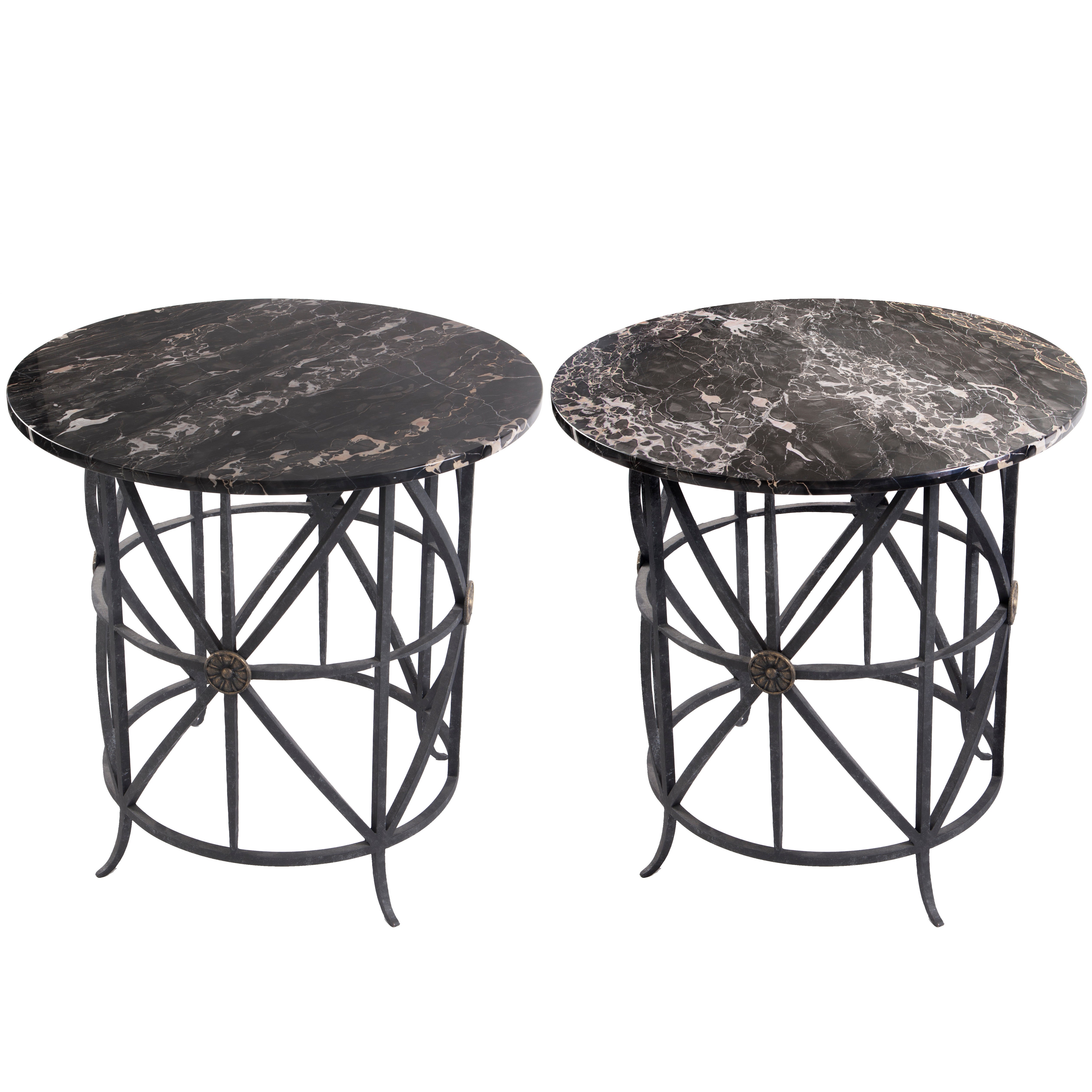 Pair of Midcentury Round Wrought Iron Marble Tables