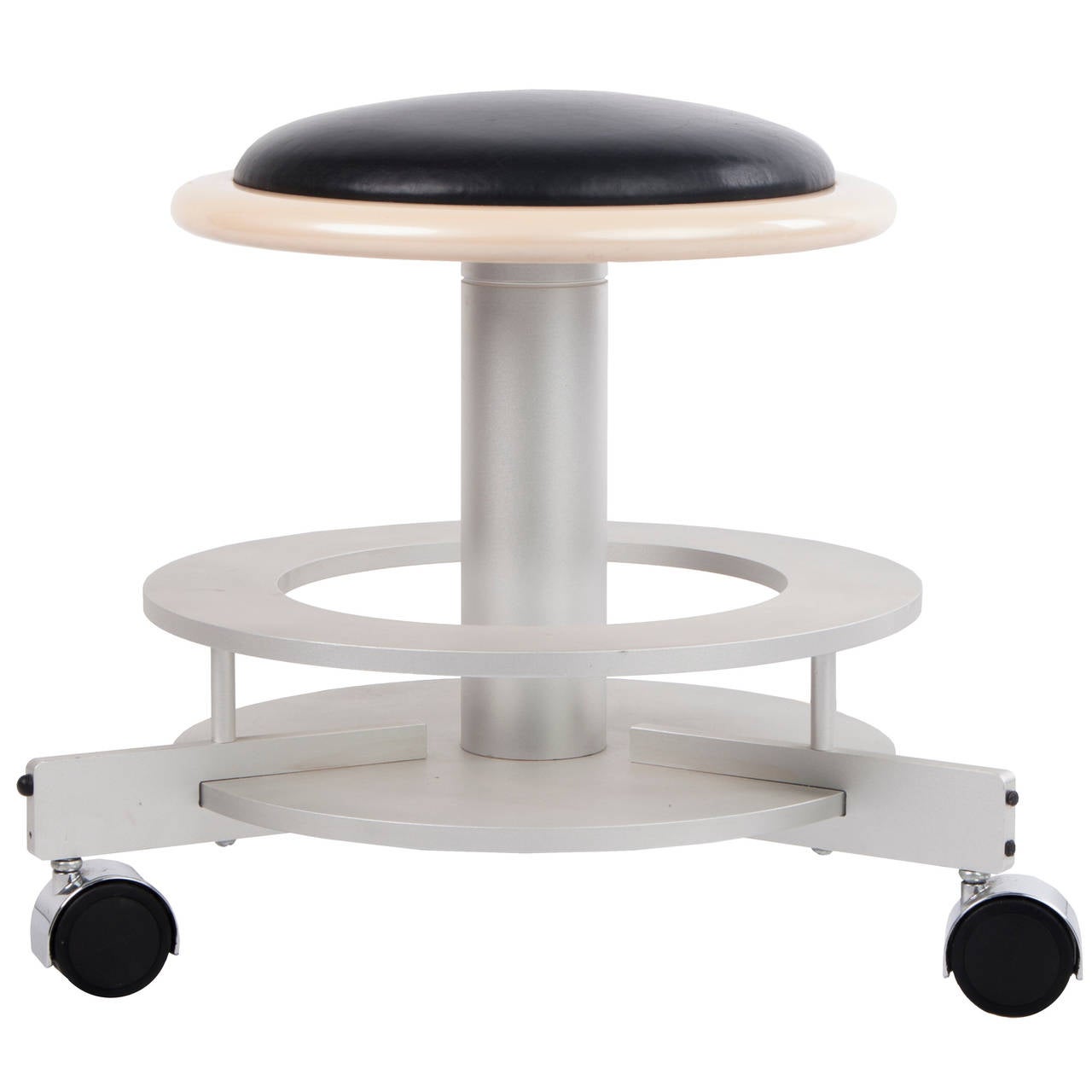 Tabouret rond en cuir sur roulettes, moderne du milieu du siècle dernier