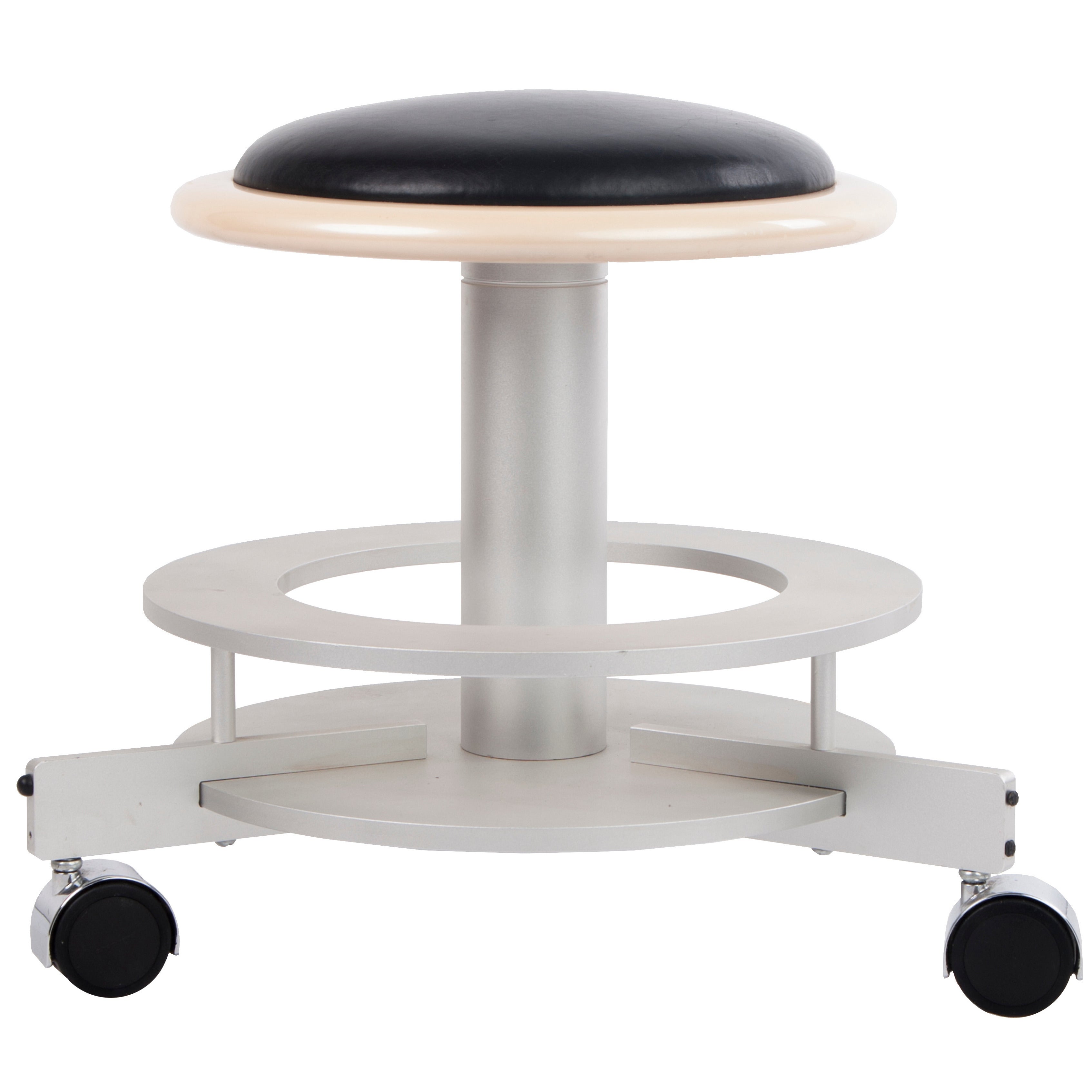 Round Mid-Century Modern Leather Stool on Casters For Sale