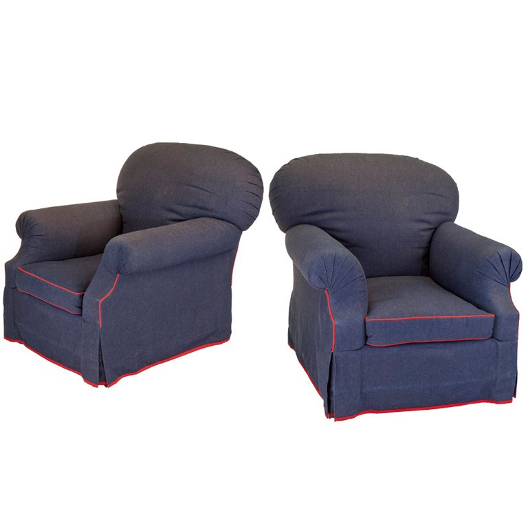 Pair of Overstuffed Denim Chairs on Casters For Sale