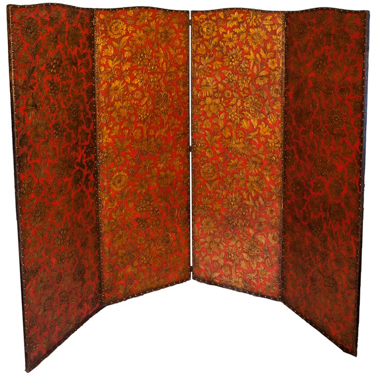 Antique Asian Influenced Leather Hinged Screen with Nailhead Trim