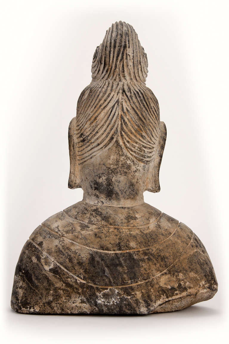 19th Century Female Buddhist Bust in Carved Stone For Sale