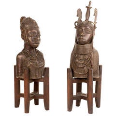 Pair of Bronze Tribal Busts with Stands 1