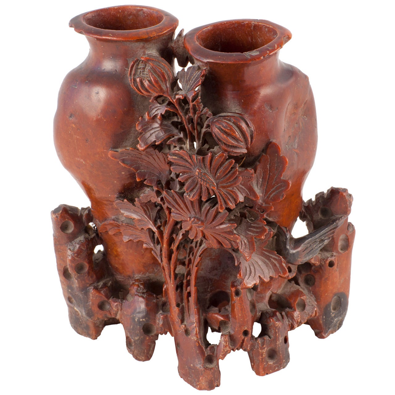 Stone Carved Asian Vases with Floral Motif For Sale
