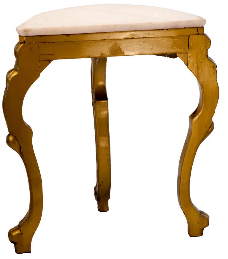 Demilune marble-top with unusual curved cabriole legs carved out of flat goods and added details.