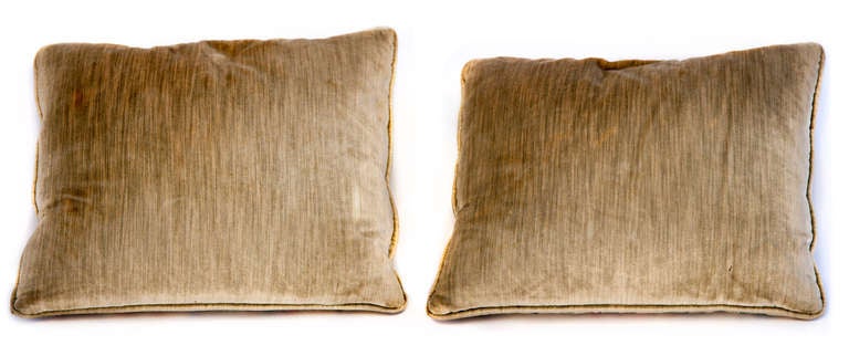 American Pair of Mid-Century Needlepoint Pillows Backed in Striate Velvet Welt