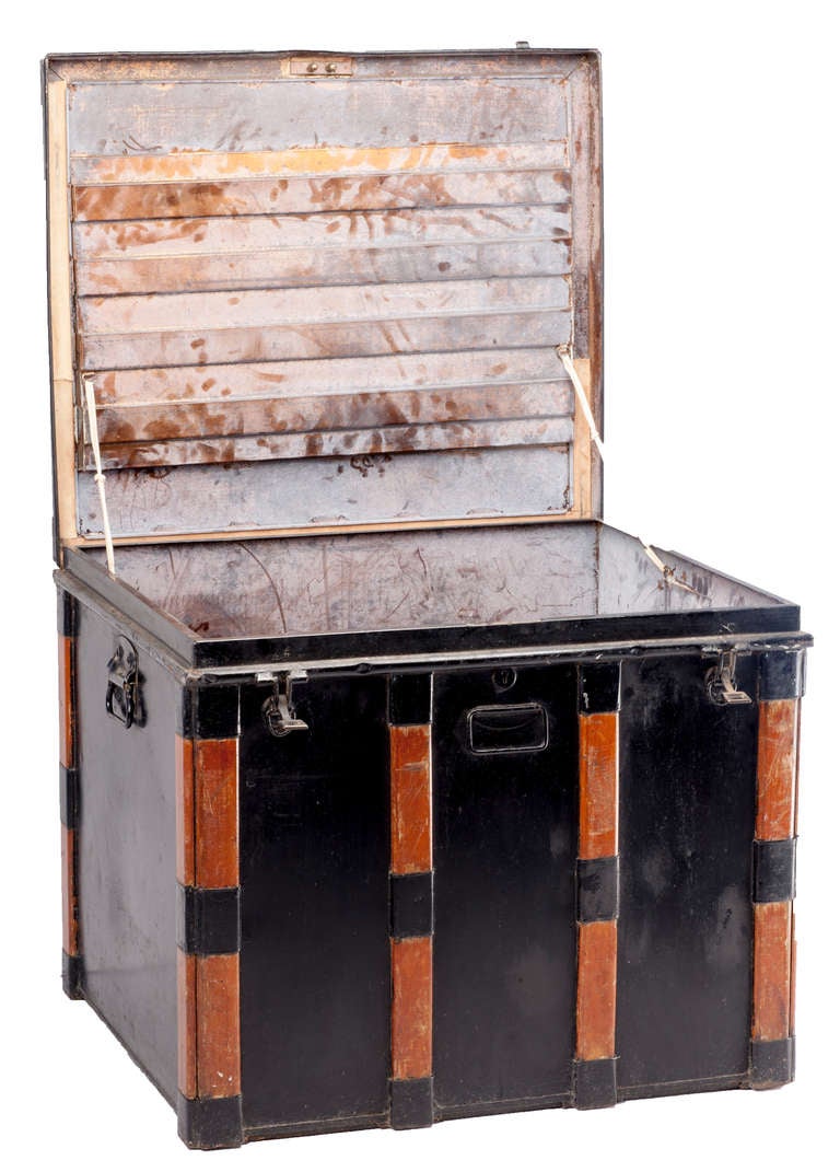 Galvanized Tin Trunk with Copper Bottom Wood Strapping  and Bale Handles