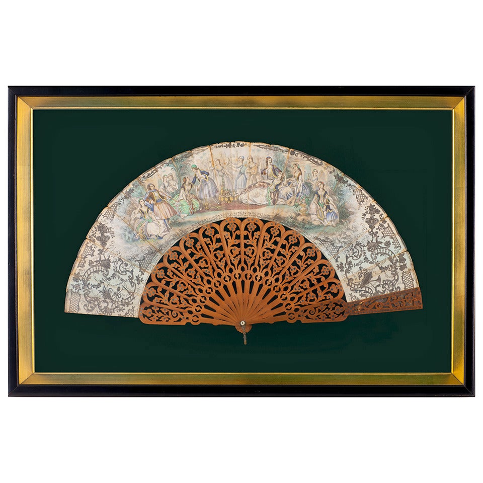 Framed Hand-Carved Sandalwood Fan with Hand Painted Screen For Sale
