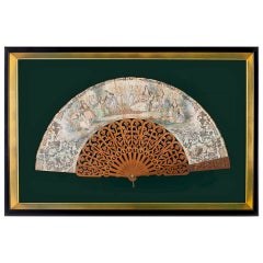 Antique Framed Hand-Carved Sandalwood Fan with Hand Painted Screen