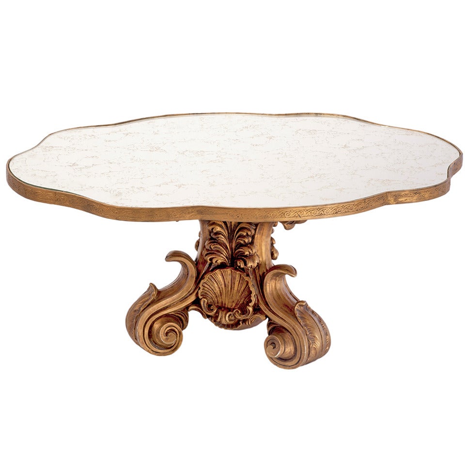 Mid Century Cocktail Table Cartouche Shape Mirrored Top For Sale
