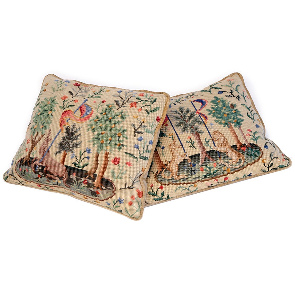 Pair of Mid-Century Needlepoint Pillows Backed in Striate Velvet Welt