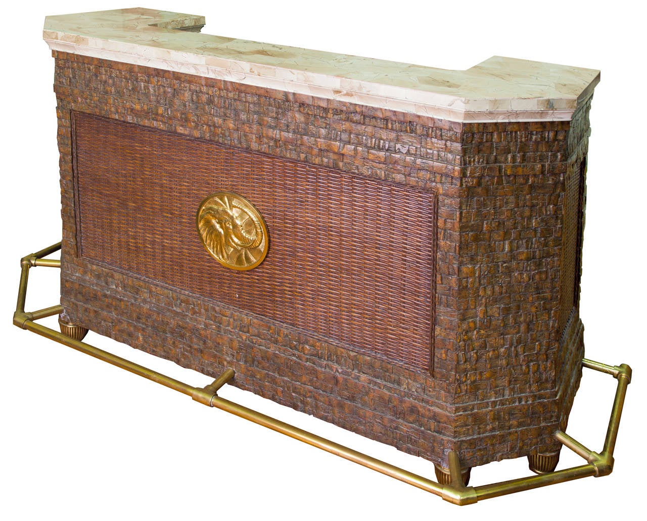 Finely detailed Maitland-Smith bar in an Art Nouveau Safari Fantasy style with fitted mahogany interior with cast brass bamboo hardware, the body covered in split marble veneer with woven wicker inset panel, featuring a finely cast brass elephant