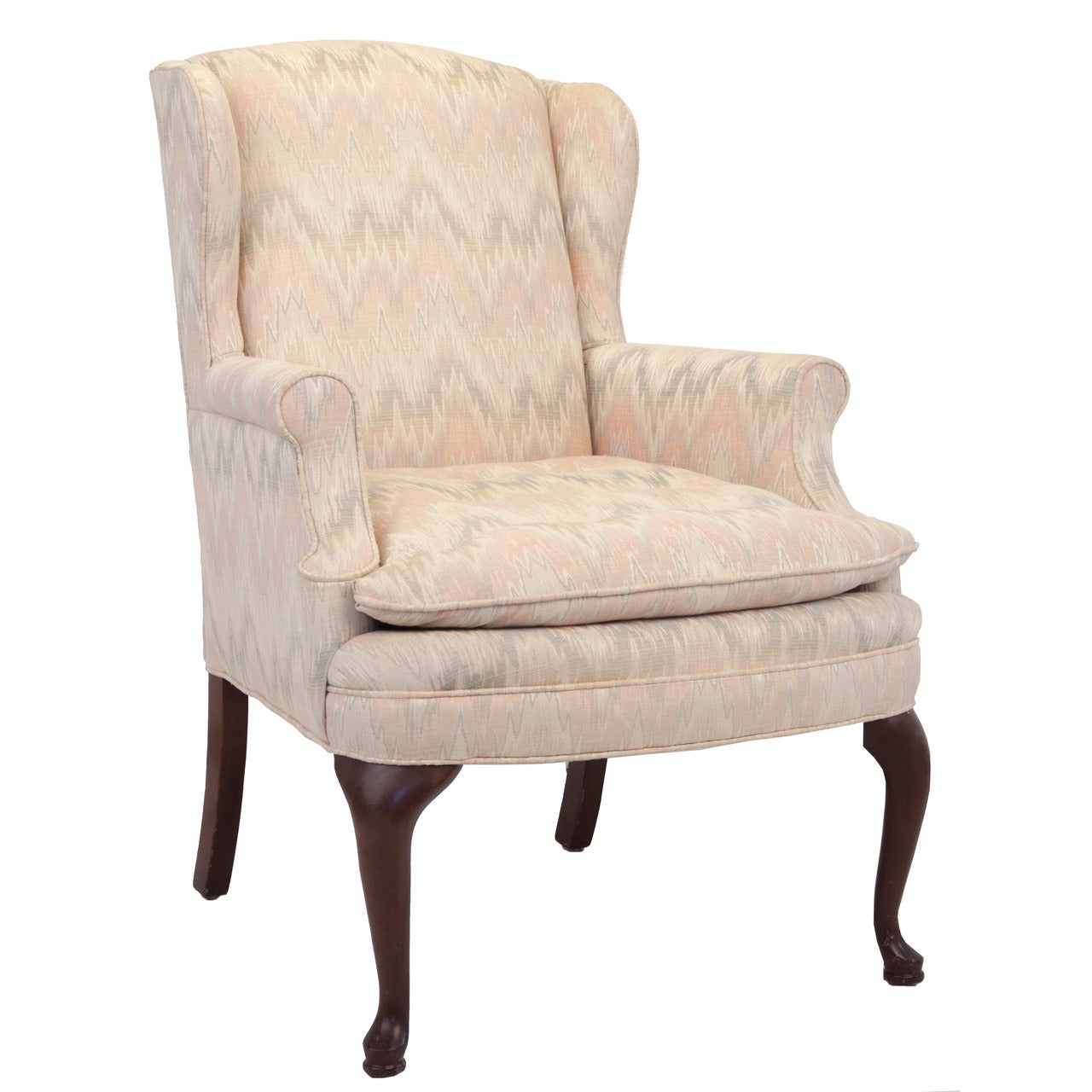 Queen Anne Style Upholstered Wing Chair For Sale