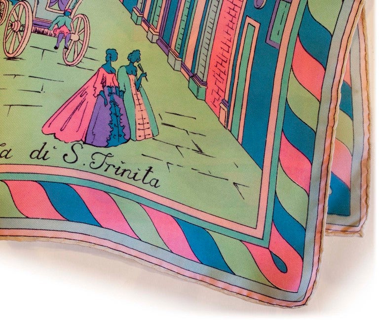 SO PUCCI!! Die Farben sind genau das! Dieser quadratische Seidenschal von Venduta della Chieta di S. Trinita besticht durch sein wunderschönes Design aus der elisabethanischen Zeit. Binden Sie es um Ihren Hals oder an Ihre Handtasche, um einen
