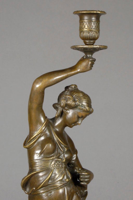 Beautiful Art Nouveau Bronze Candlestick of Grecian Goddess Figure on Marble Stand.