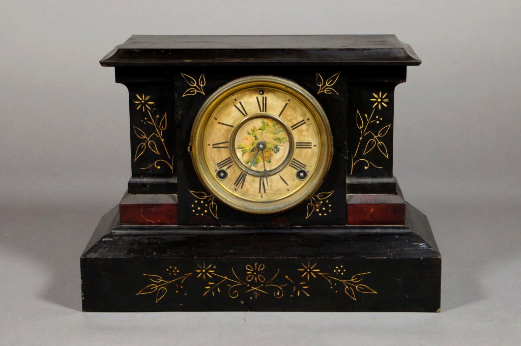 Beautiful Victorian Ansonia Mantel Clock with hand painted floral face in Roman Numerals cast in iron marble and slate. <br />
Made in New York for the Ansonia Clock Co.