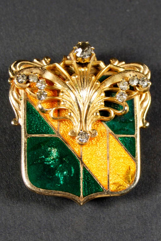 Beautiful Gold Plated Society Pin with Enameled French Lion Figure and Quality Rhinestones.