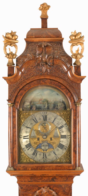 18th Century and Earlier A Dutch Rococo burl walnut animated tall case clock For Sale