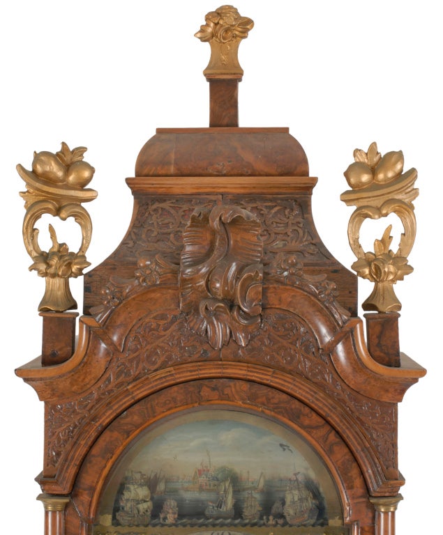 A Dutch Rococo burl walnut animated tall case clock For Sale 1