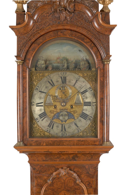 A Dutch Rococo burl walnut animated tall case clock For Sale 2