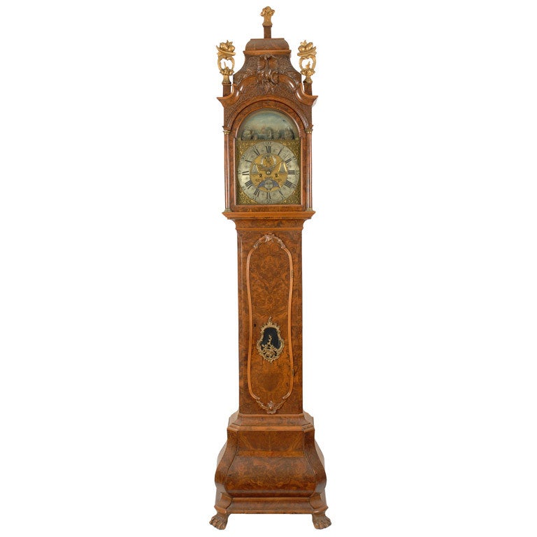 A Dutch Rococo burl walnut animated tall case clock For Sale