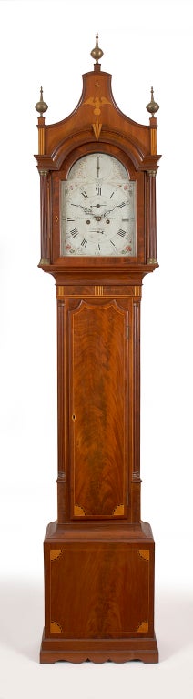A rare Hepplewhite tall case clock with pagoda top by Effingham Embree New York City, circa 1800. This high style tall case clock is an exceedingly rare example produced in New York City. Only a handful of clockmakers produced any tall case clocks