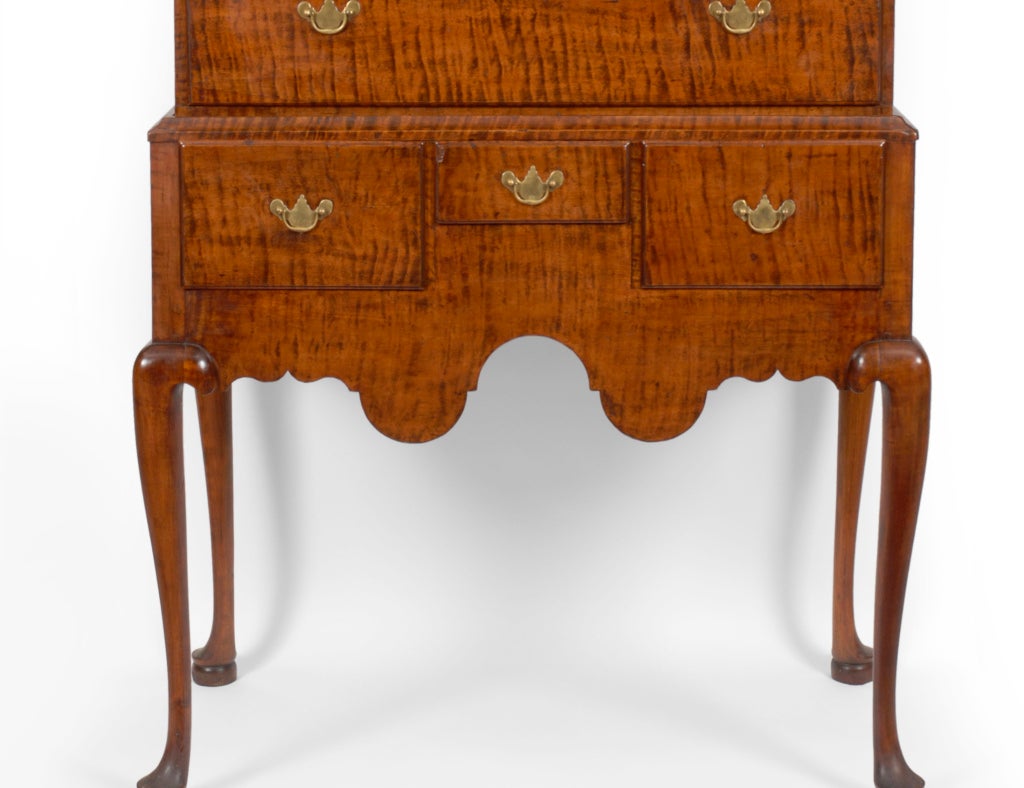 A fantastic Queen Anne tiger maple high chest or highboy 1
