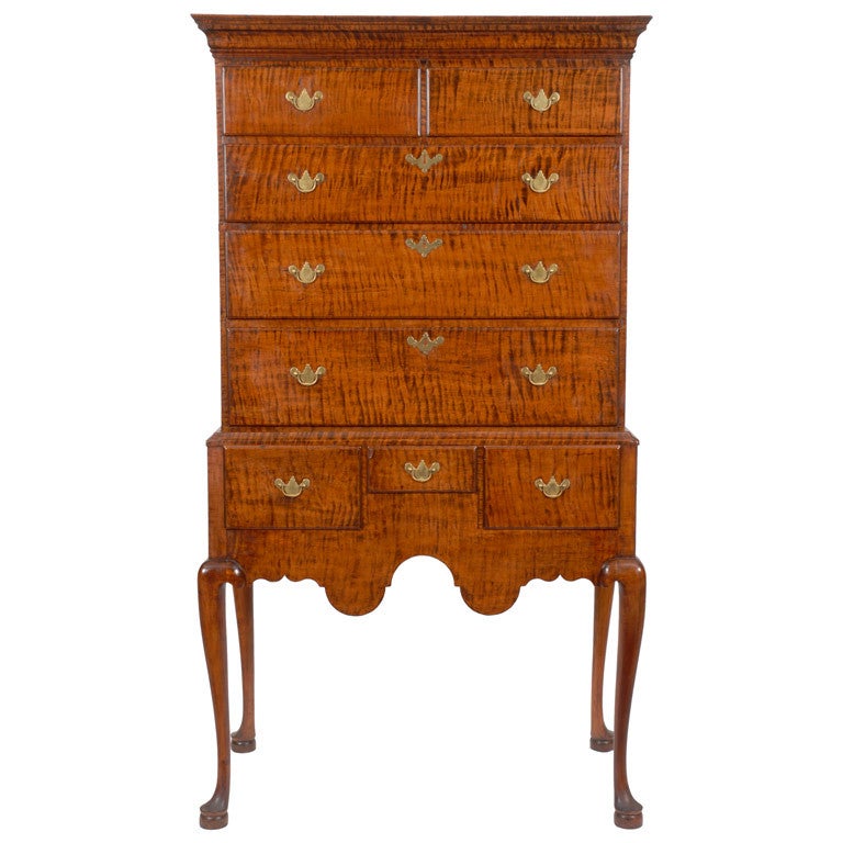 A fantastic Queen Anne tiger maple high chest or highboy
