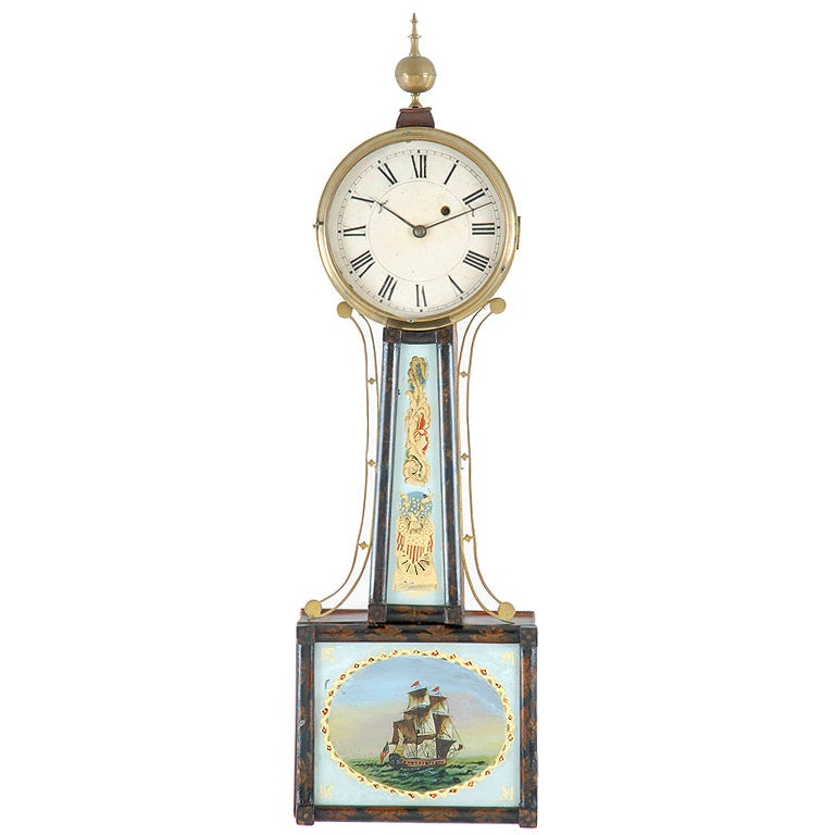 A Period Banjo Clock, Stenciled With Reverse Painted Glasses For Sale