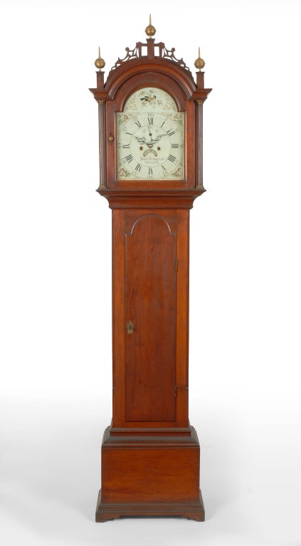 A rare Chippendale cherry tall case clock by James Perrigo Jr., Wrentham, Massachusetts, circa 1790-1800.

This cherry tall case clock, which has a mellow old surface, was produced by the rare clockmaker James Perrigo Jr. Perrigo, a descendant of