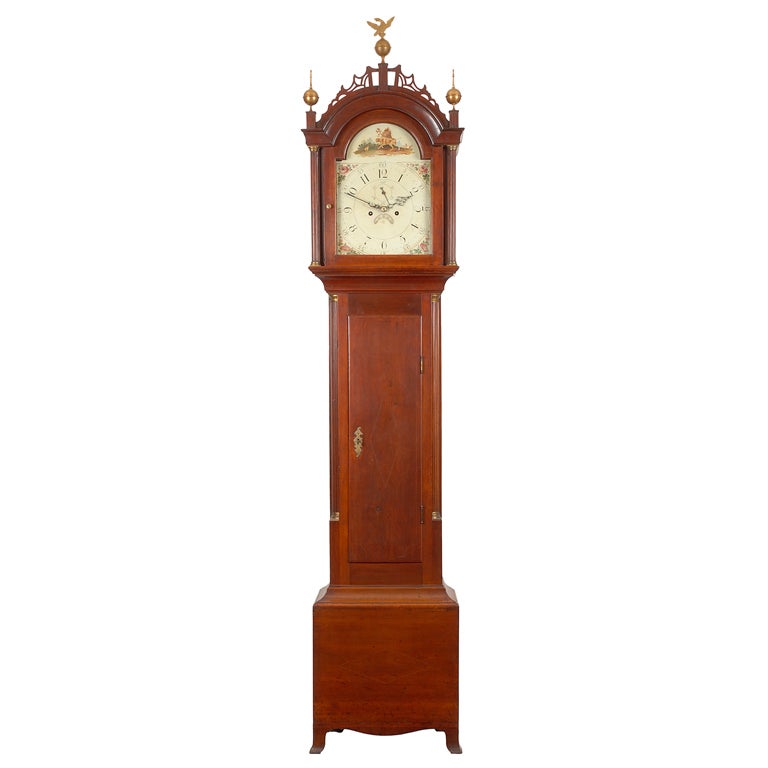 Wonderful Hepplewhite Cherry Signed Tall Case Clock, NH For Sale