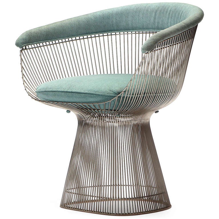 A good group of Warren Platner's elegant and sinuous formed steel pedestal armchairs finely upholstered in a light blue velour. Priced per.