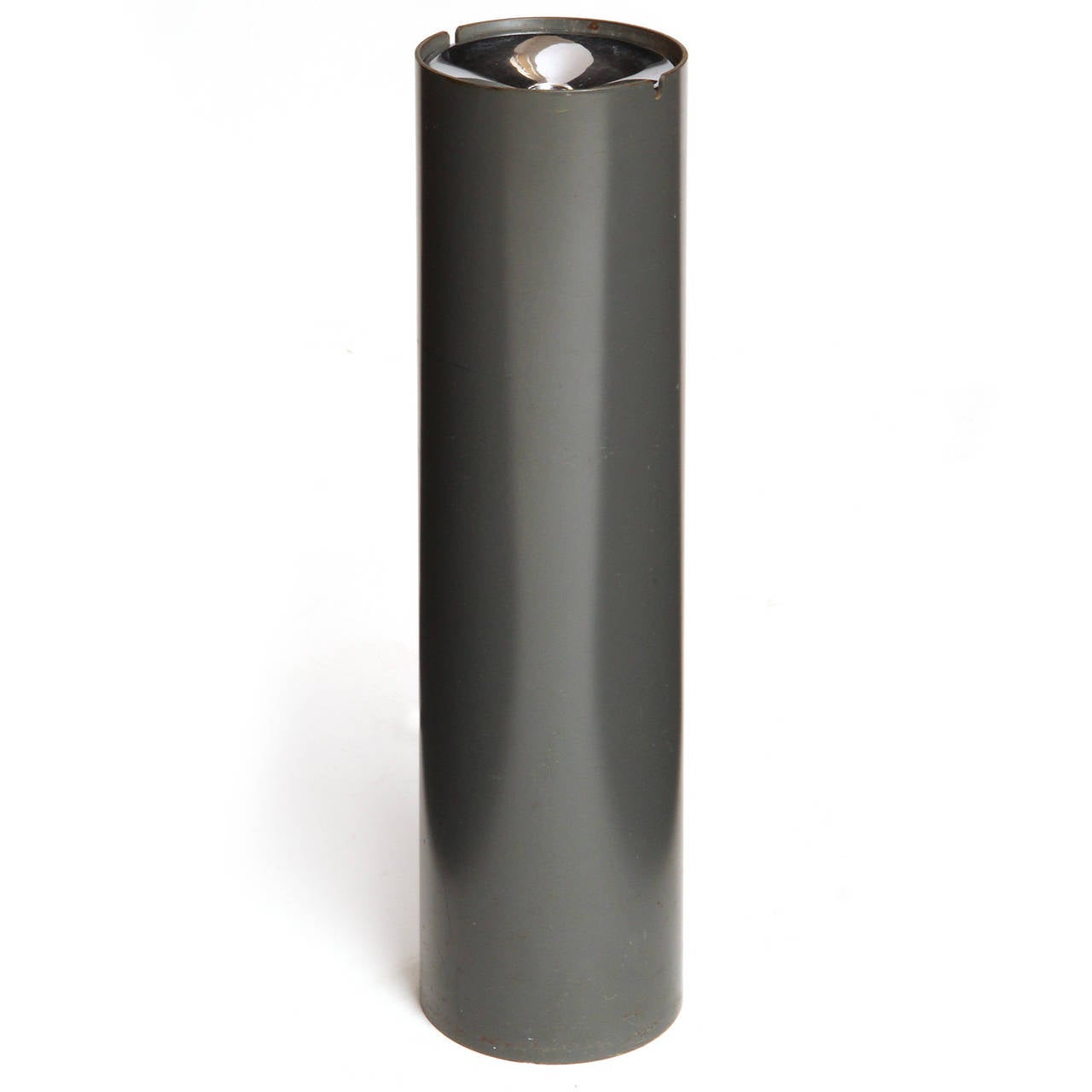 A tall, Minimalist standing floor ashtray having a weighted cylindrical black lacquered steel body with a chromed removable top.