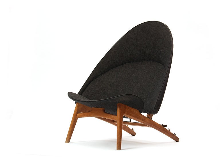 An extremely rare, important and beautiful Tub shell lounge chair having an adjustable back and retaining its original wool upholstery. This is the only example known to exist. Made by Johannes Hansen cabinetmaker.