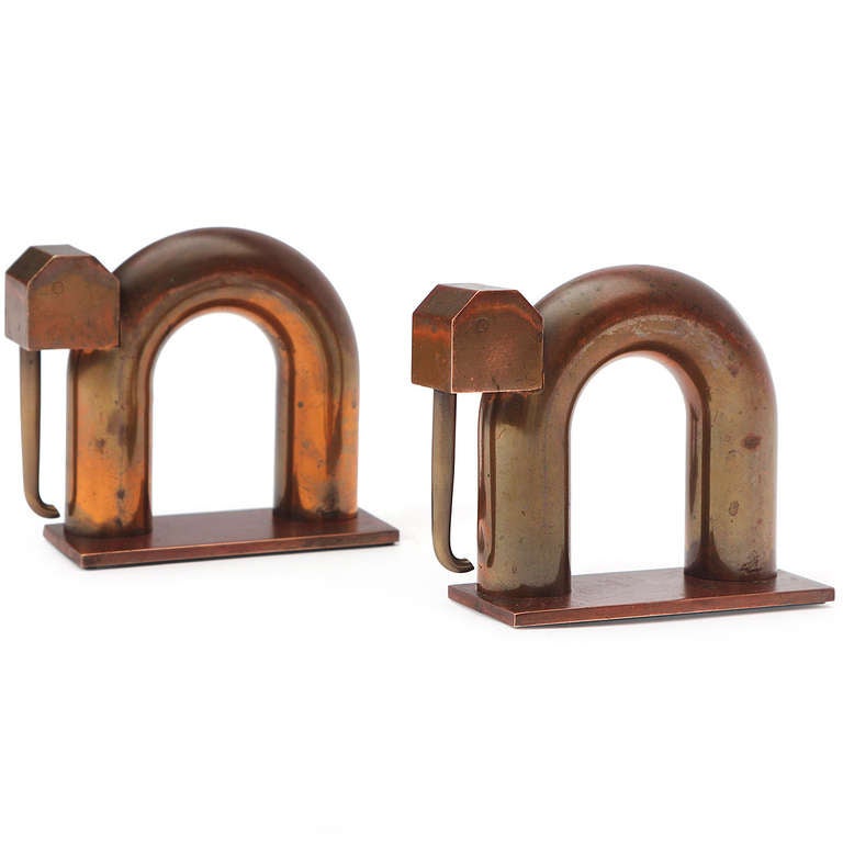Copper Modernist Bookends By Walter Von Nessen