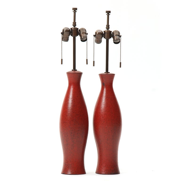 Pair Of Red Ceramic Lamps By Fantoni