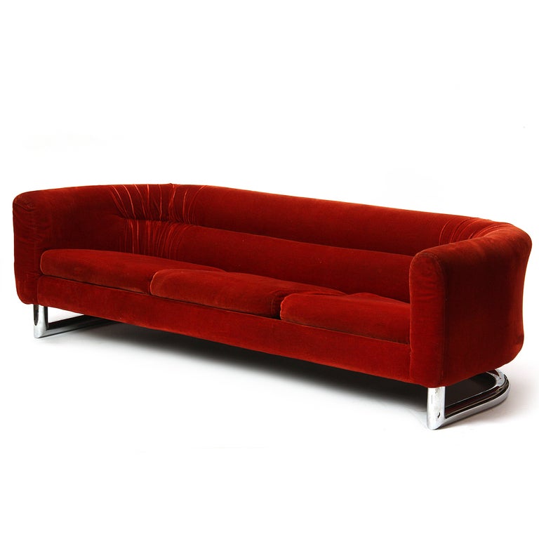 Mid-Century Modern Floating Red Velvet Sofa