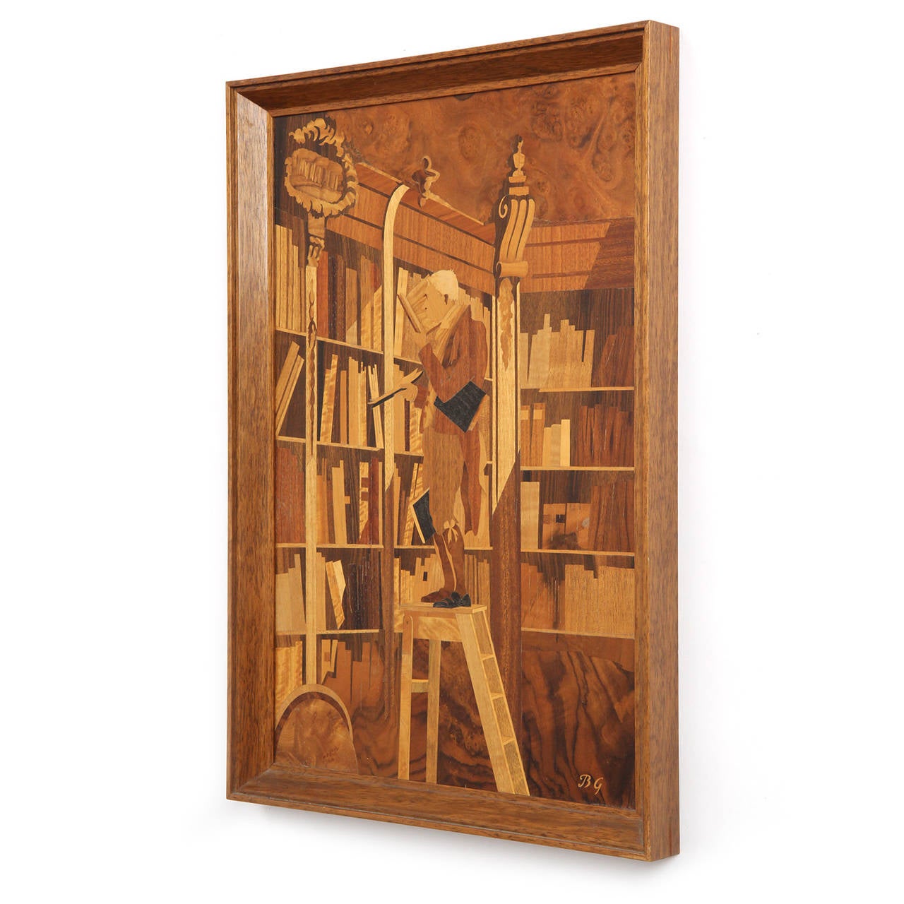 An incredible and well scaled marquetry composition depicting a gentleman in his library, housed in its original frame. Each tonal variation and form is achieved through the meticulous use of different shapes and types of inlaid wood.