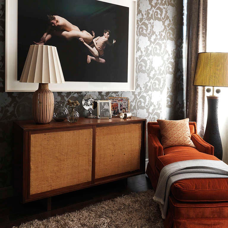 A monumental cork floor lamp with brass stem and cork pulls. Vintage shade included.

Some environmental photographs in this listing courtesy of Thomas Loof and House Beautiful. From Designer Visions 2012 by Rockwell Group.
 