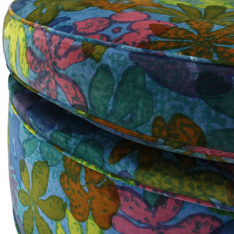 American 1960s Round Pouf on Casters in Original Floral Fabric by Jack Lenor Larsen