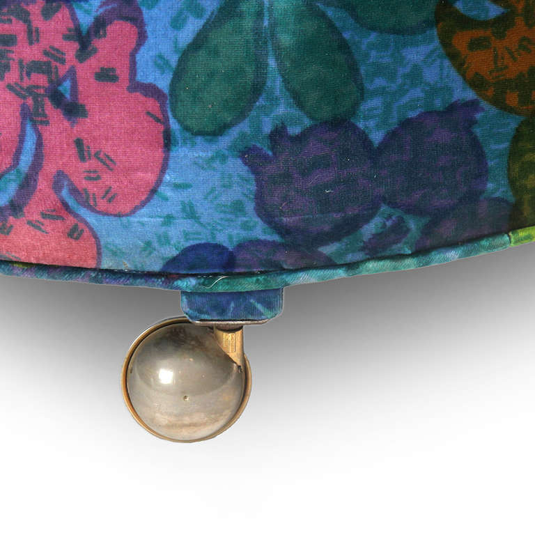 Mid-20th Century 1960s Round Pouf on Casters in Original Floral Fabric by Jack Lenor Larsen