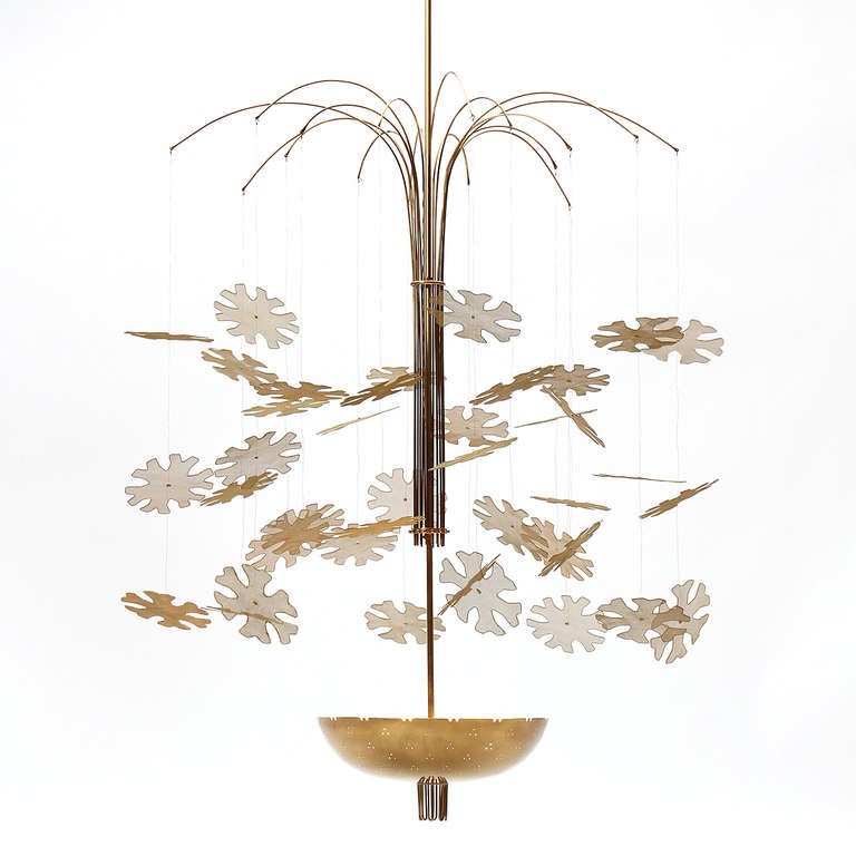 A rare brass ceiling lamp with hand-cut wire mesh 