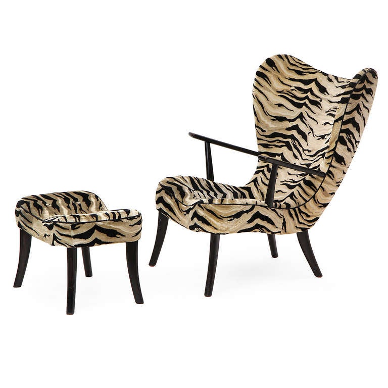 Mid-20th Century Danish Zebra Print Lounge Chair and Ottoman